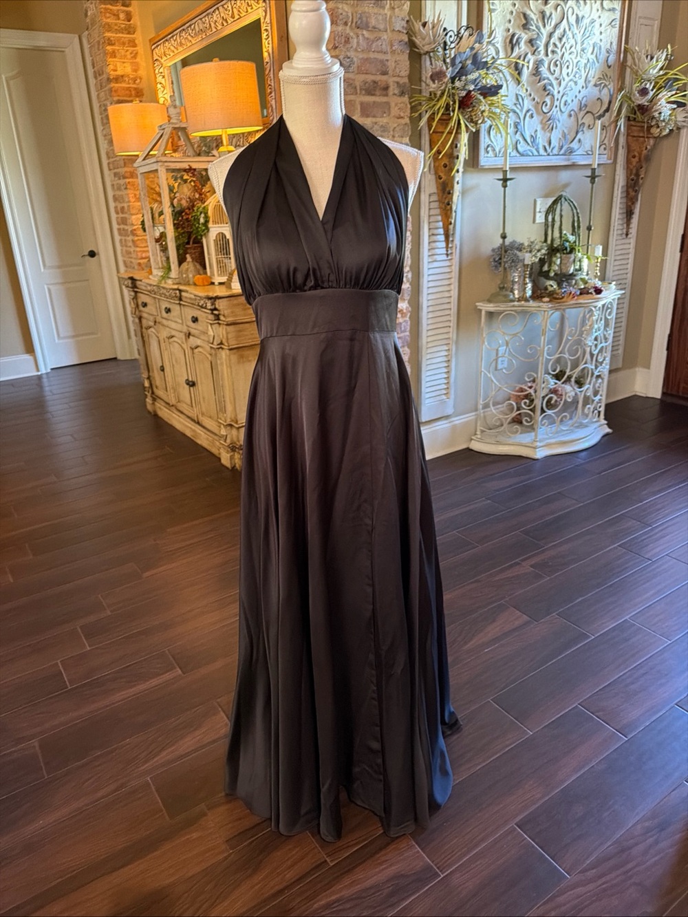 JJ's House Amparo Convertible Bridesmaid Dress | Black Matte Satin Maxi Size M 6